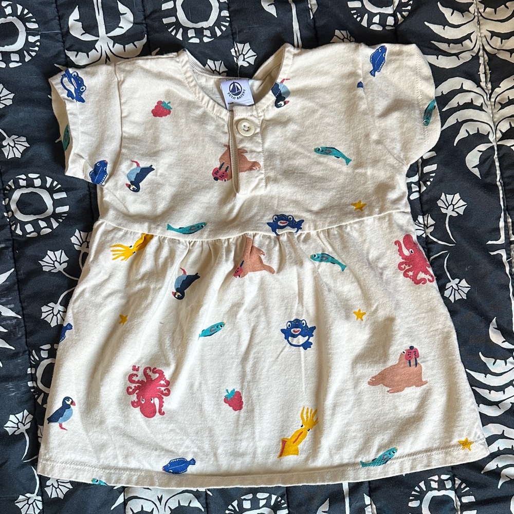 Petit Bateau Cream Dress with Colorful Animal Print